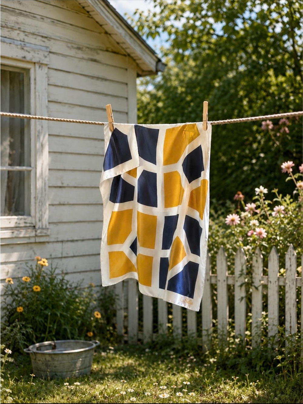 Vintage 1960s Miss Balmain Geometric Silk Scarf. 31” | Navy | Mustard | Jackie O